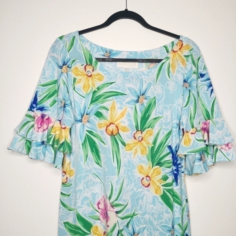 NWT Cappagallo Women’s Medium Erika Ice Blue Floral Dress Tropical Lightweight - Picture 3 of 14